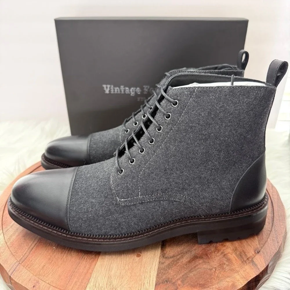 Vintage Foundry Co Remington‎ Black Leather Grey Wool Size 10 Cap Toe Boots  NIB